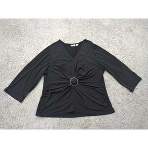 Cato Blouse Womens 14/16W Black V-Neck 3/4 Sleeve O-Ring Detail Semi-Formal PLUS